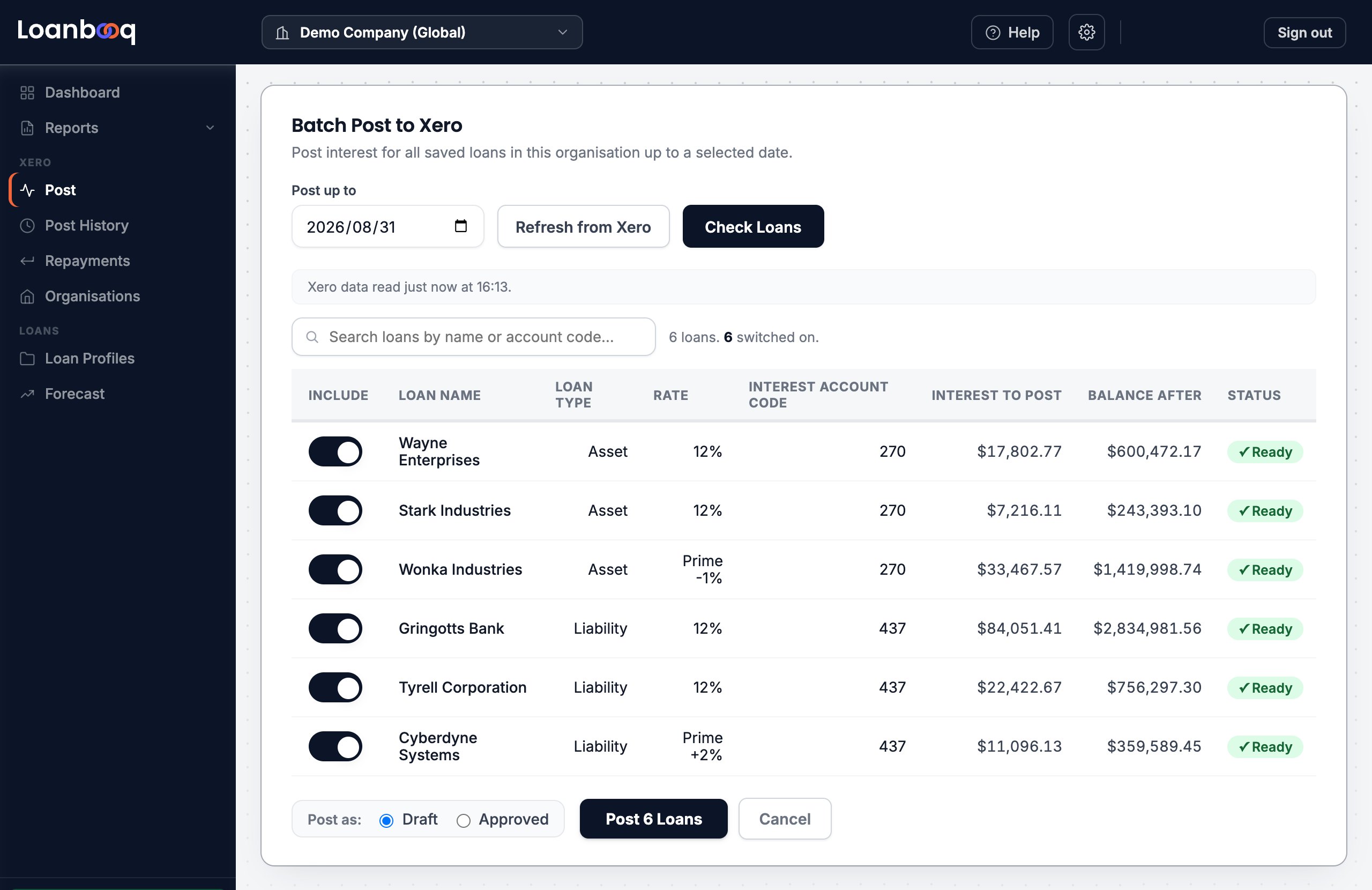 Loanbooq's Post page: six loans checked up to 31 August 2026, each showing the interest to post, the balance after and a Ready status, with a button to post all six to Xero